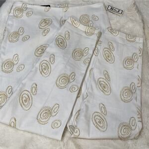 NWT B & J Women's White w Gold Embroidered Whimsical Design‎ Pants Sz 14